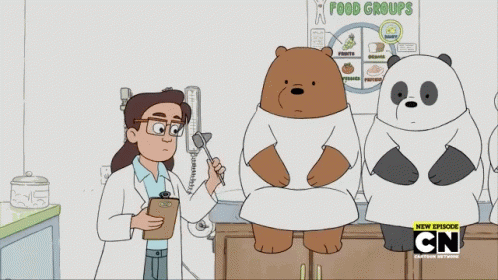 Scene from We Bear Bears where a doctor is testing each bear for reflex but a different bear is responding.
