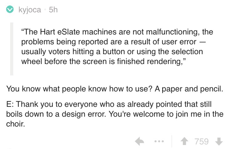 Post from Reddit about electronic voting machinges failing
