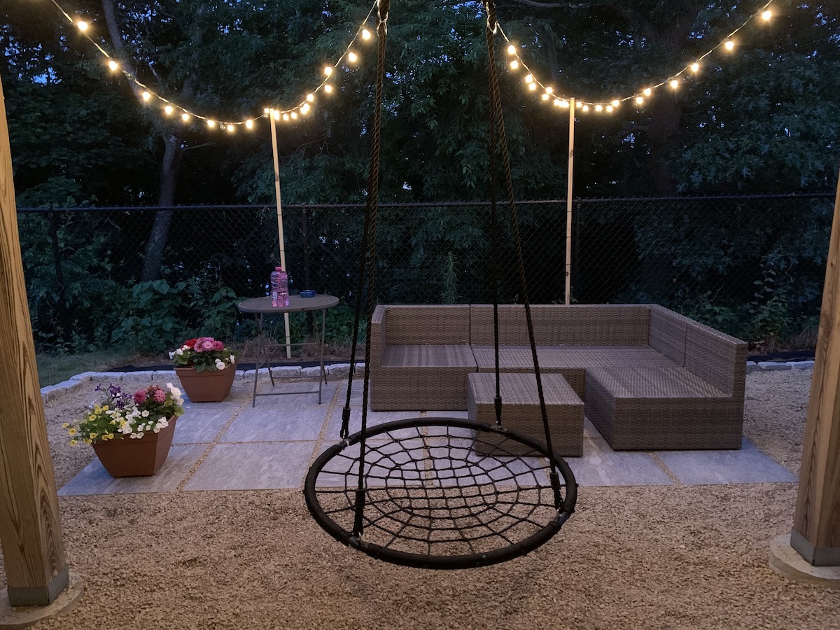 Close up photo of the patio in our backyard at night.