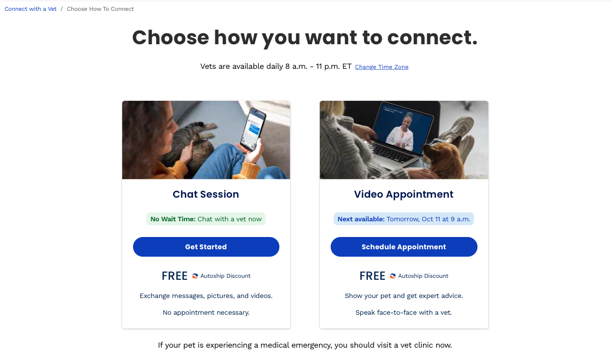 Screenshot of the new design on Chewy.com's Connect with a Vet feature, which I worked on.